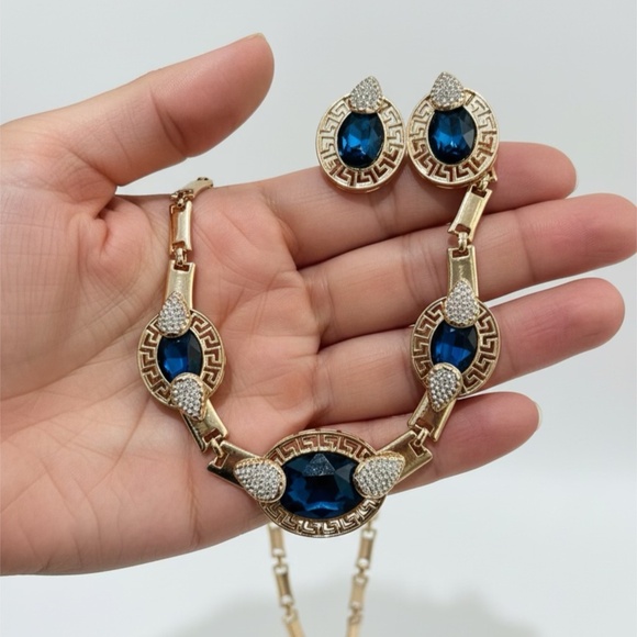 Jewelry - Elegant Faceted Oval Blue & Rhinestone Gold Statement Necklace And Earrings